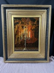 Oil Painting Medieval Scenery Candelabra 21.5”/26” C.Surgo 1952 Hungary Framed