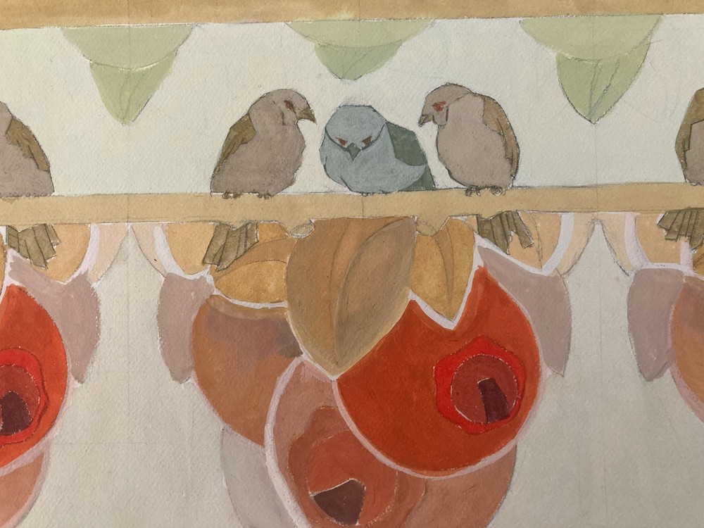 Original Art Deco Nouveau Gouache Painting 1930 Old Bird XXe