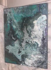 Modern Acrylic Marbleized Freeform Green Grey Purple White Black Canvas 11” 14”