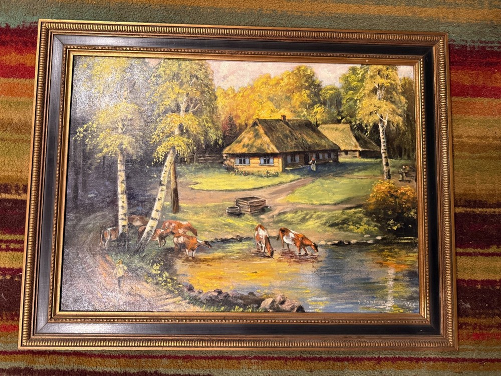 Framed Village Farm Scene Painting, Signed A. Dombrovskis Oil on Canvas 36×38