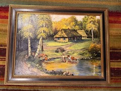 Framed Village Farm Scene Painting, Signed A. Dombrovskis Oil on Canvas 36×38
