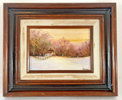 Oil Painting Rural Winter Scene with Cabin fence rail Framed signed Taddes