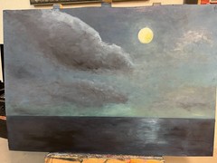 Original Oil Painting Nocturne Moonlight Seascape Ocean in Vintage Frame