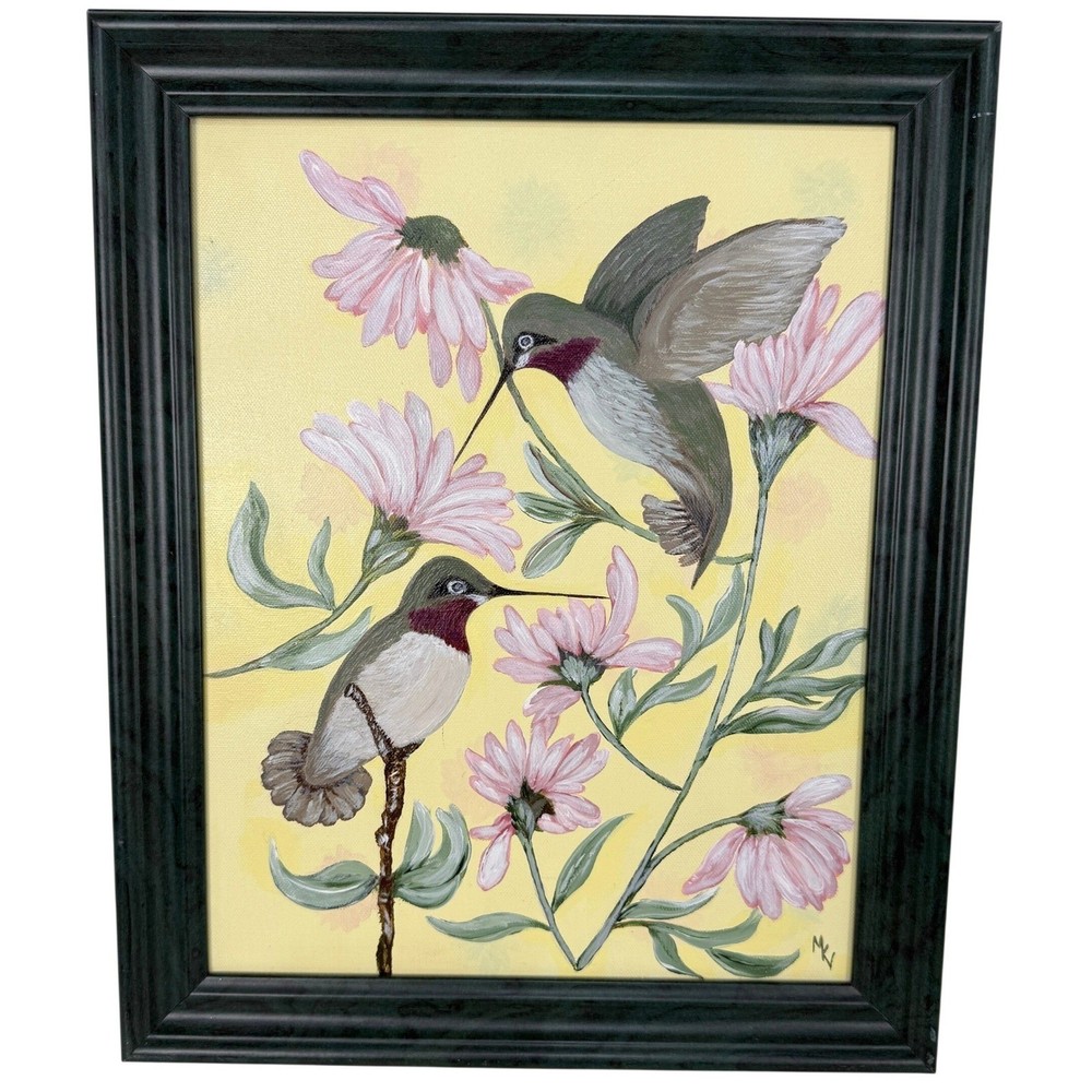 Hummingbirds Pink Flowers Original Acrylic Painting On Canvas Signed Framed Art