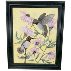 Hummingbirds Pink Flowers Original Acrylic Painting On Canvas Signed Framed Art