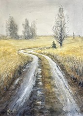 Wheat field Country Road 34″x24″ Watercolor Painting, Autumn Landscape