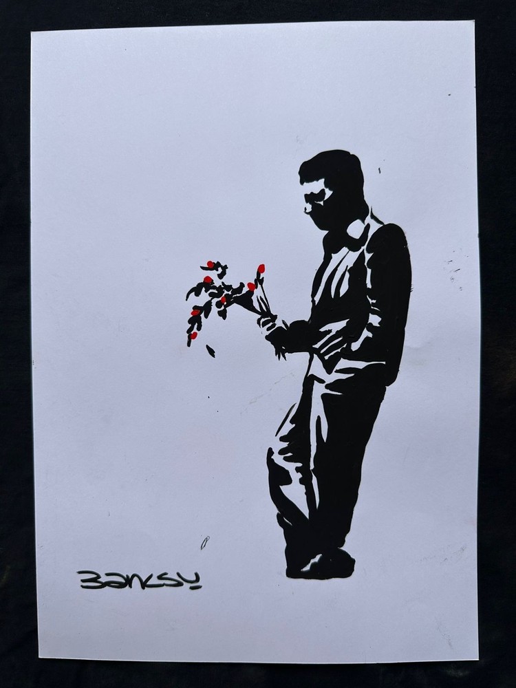 BANKSY drawing and painting on old paper signed stamped vintage