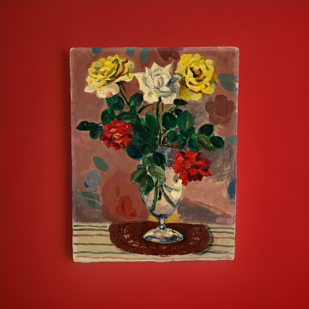 1952 Japanese Semi Antique Floral Still Life Oil Painting Retro Art Decor