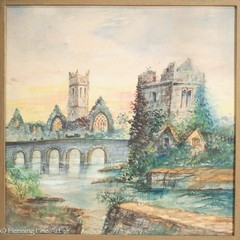 Antique English Painting of Medieval Stone Castle Ruins at Sunset, Framed White