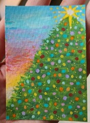 ACEO Original Christmas Tree Painting Sunset Nature Winter ATC ART Mini Acrylic