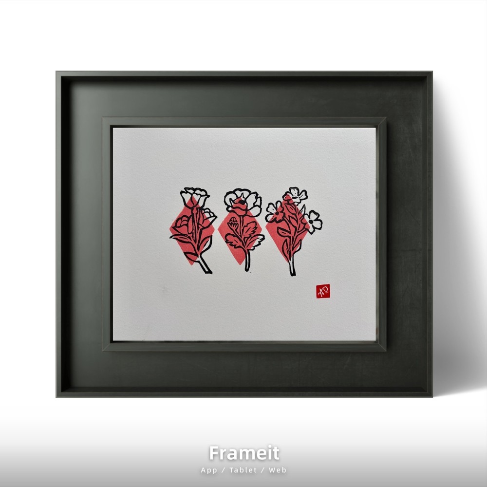 Original Pink Diamond Flowers 1 Linocut Print By Alannah Dyer- Acrylic 8×10 in.