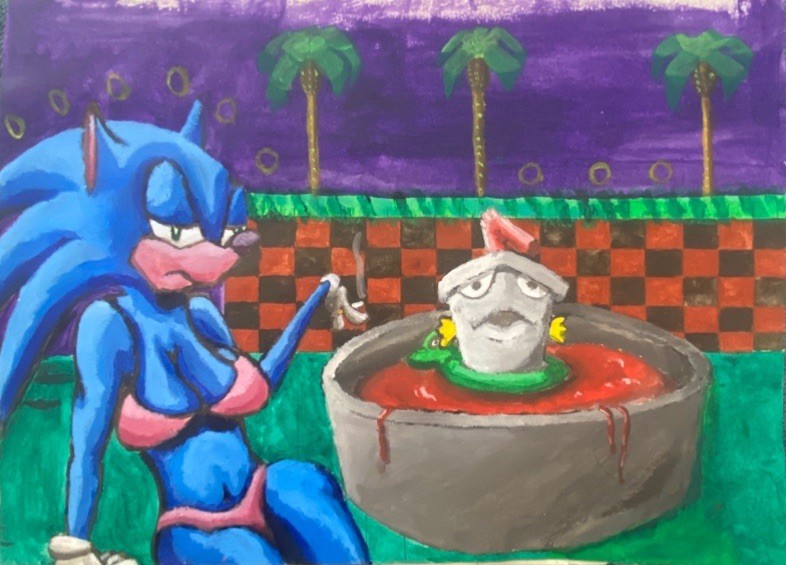 Sonic and Master shake 8 x 11” painting on paper signed by artist, Caleb B