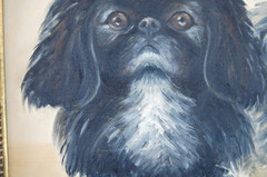 VTG 60S FRAMED ORIGINAL OIL PAINTING OF BLACK AND GRAY PEKINGESE DOGS ARTIST: ME