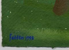 Original 1995 Mary Fedden Farm Landscape with Horse and Barns Gouache Signed