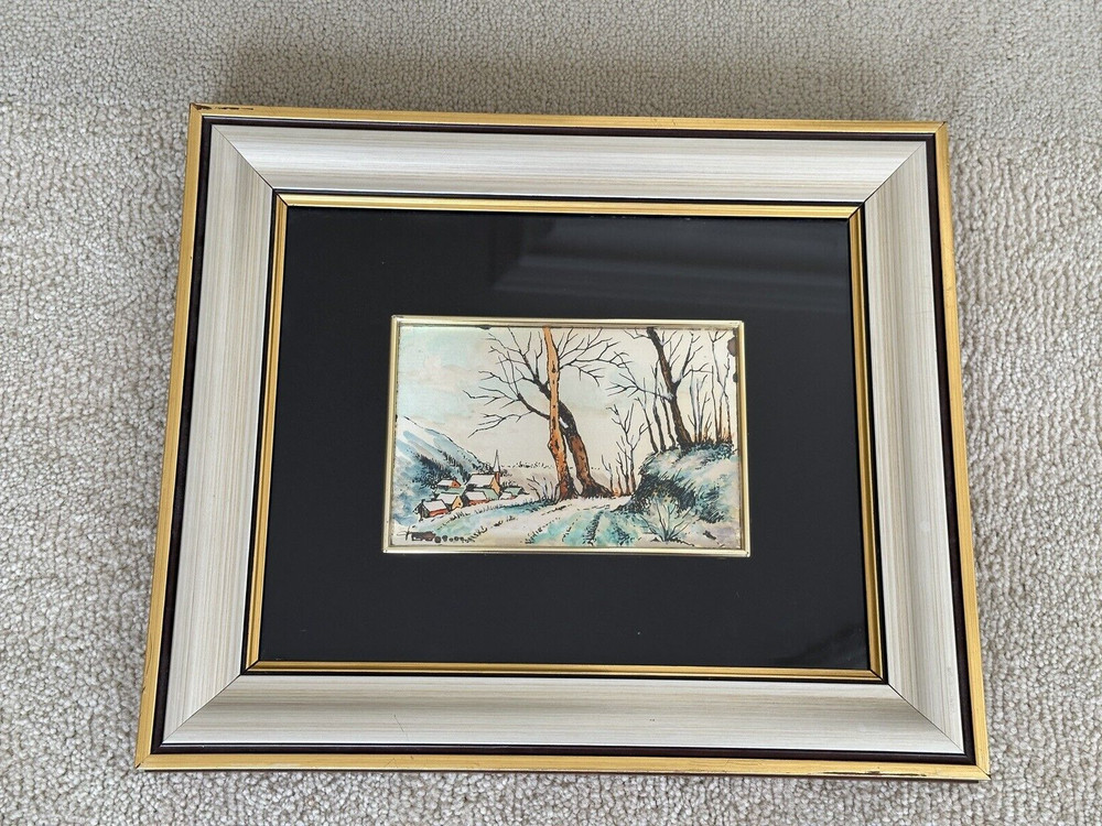 Italian Vintage 70’s Silver Etching Winter Village Scene Velvet Framed Signed