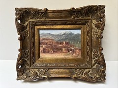 TAOS INDIAN PUEBLO PAINTING SMALL GEM EDNA MAREE MOORE LISTED FAMOUS VINTAGE OIL