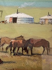 NICE! Mongolia acrylic painting signed horses yurts 13×7.5″ & 19×15 framed small