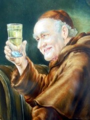 Large painting picture plate porcelain plaque monk in wine cellar sign Schey F.