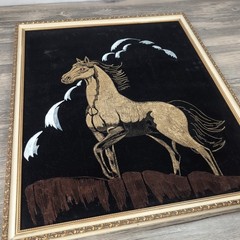 VTG Black Velvet Painting Horse on Cliff Kitsch Pro Framed Wall Art 21.5×25.5