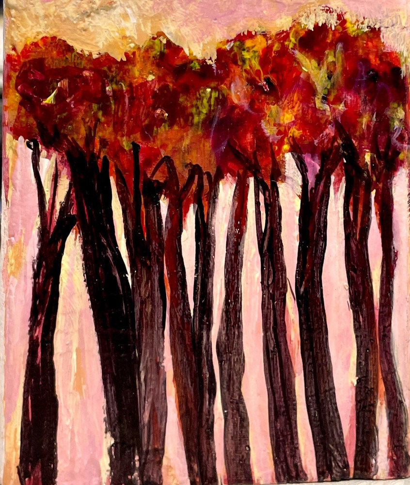Textured Autumn Trees Landscape Pink red Fine Art Original Mini Art Block