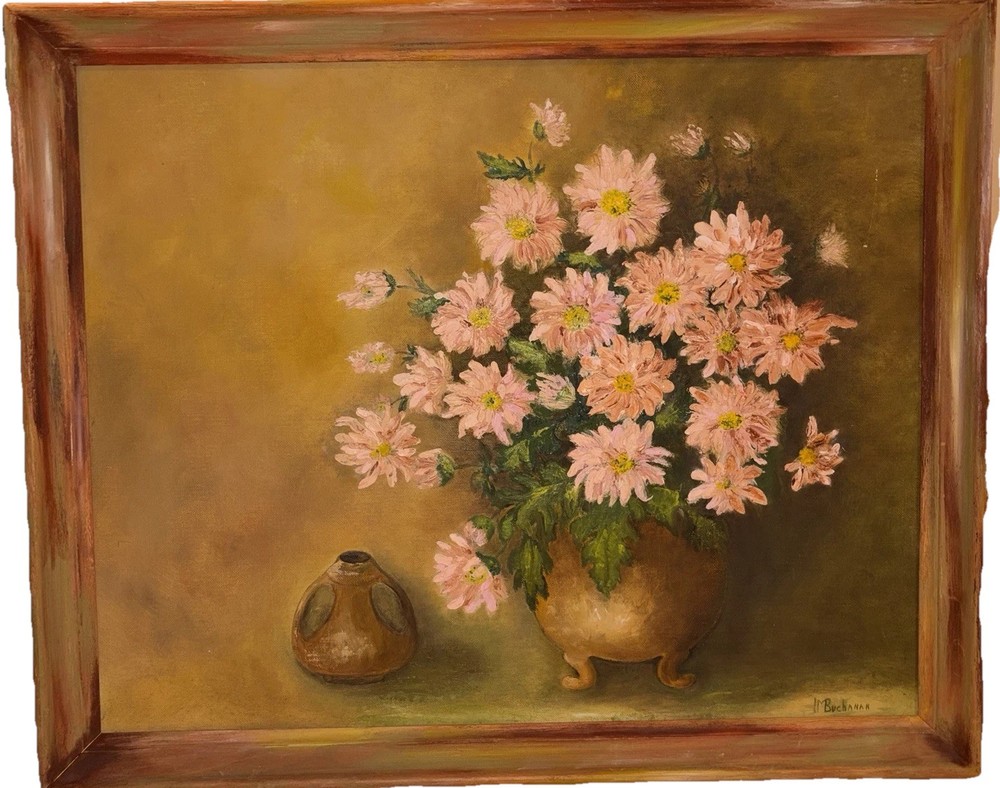 Vintage Floral Still Life Oil Painting Signed Buchanan Pink Chrysanthemums-canva