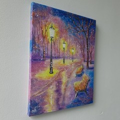 Original Oil Winter Landscape Painting Snow Park Benches Canvas Wall Art Decor