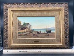 Pietro Gabrini Attributed Sorrento Harbor Italian Coast Antique Oil Painting