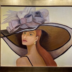 Vintage Oil Portrait Woman in Large Hat Gold Gilt Wood Frame 25×29