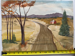 Vintage Watercolor Painting Red Estate Barn Country Road House Field 16″x 13″