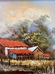 STRANGER COOPER. Vintage Painting on Canvas “ Family Farms “Framed
