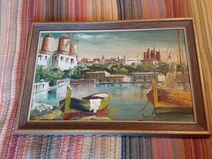 Vintage Original Signed Oil Painting Docked Boats Marina 27.25″ X 18.25″ GC
