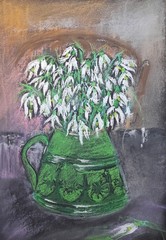 Original Snowdrops Green Jug Floral Still Life Dry Pastel Painting 8.3×11.4