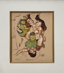 Egon Schiele Hand Signed Watercolor On Heavy Paper.1890-1918 InThe Style.Framed