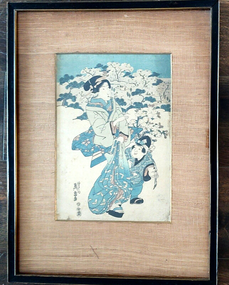 Vintage Original Keisai Eisen Japanese Woodblock Print Framed Moher Child 18×24