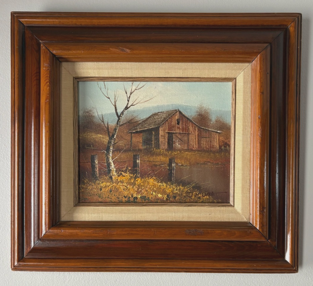 Vintage Oil Painting Of Old Barn By J. Medina In Wood Frame 18.5×16