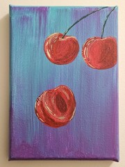 Vibrant Cherry Trio 5×7 Acrylic Canvas Painting Original Art By Elaine M