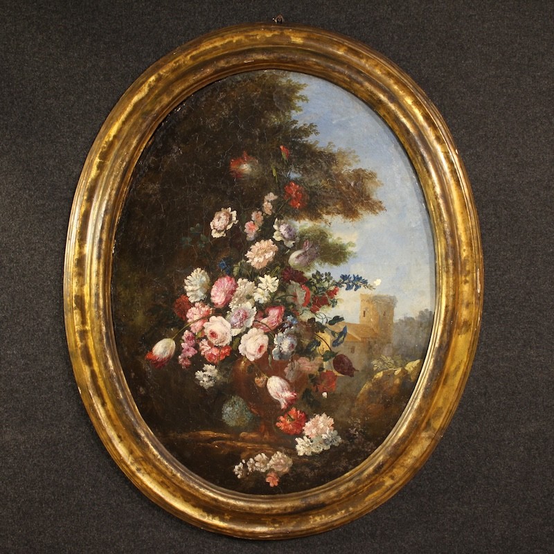 Antique Italian painting oval artwork oil on canvas still life 18th century