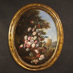 Antique Italian painting oval artwork oil on canvas still life 18th century