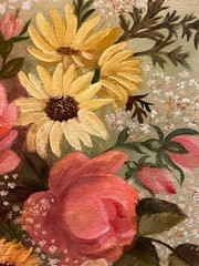 Vintage Original Oil Painting Still Life Floral Flowers & Pink Roses Signed Art