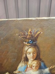 Vintage flemish school Madonna statue interior oil canvas painting signed
