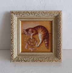 Sweet Sleeping Ginger Cat Framed Original Oil Painting 4×4 in