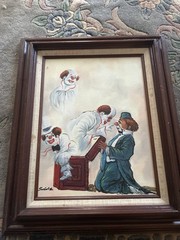 Mid Century Clown Oil Paintings Pair Attributed Higgins c1950s Framed 12×16