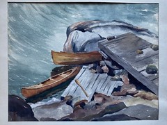 50s Modernism Watercolor Painting Canoes Boats Coastal Rocks Signed T.M. Greene