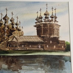 Original Watercolor Kizhi Pogost Russia – 1988 Signed Framed Russian Church Art