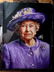 portrait of Queen Elizabeth II, paper, acrylic, handmade