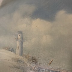 19”x22.75” Canvas Handpainted Beachside Lighthouse Scene Unframed