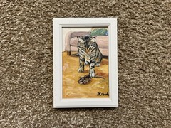 ORIGINAL OIL PAINTING TABBY CAT & MOUSE INDOOR SCENE SIGNED FRAMED 4×6