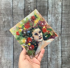 Original Oil Art 6×6” Portrait Woman Face Painting Flowers Art Miniature