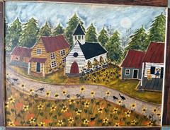 Liz Sullivan Folk Art Painting „AUTUMN NORTH CAROLINA“ Crows Pumpkins Sunflowers