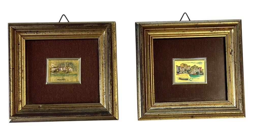 2 MCM Italy Miniature 23kt Oro Folgio Gold Leaf Framed Prints Boat Cityscape Art